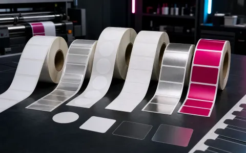 Rouleaux d’étiquettes fictifs présentant plusieurs matières et formes de découpe