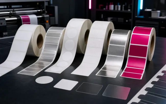 Rouleaux d’étiquettes fictifs présentant plusieurs matières et formes de découpe